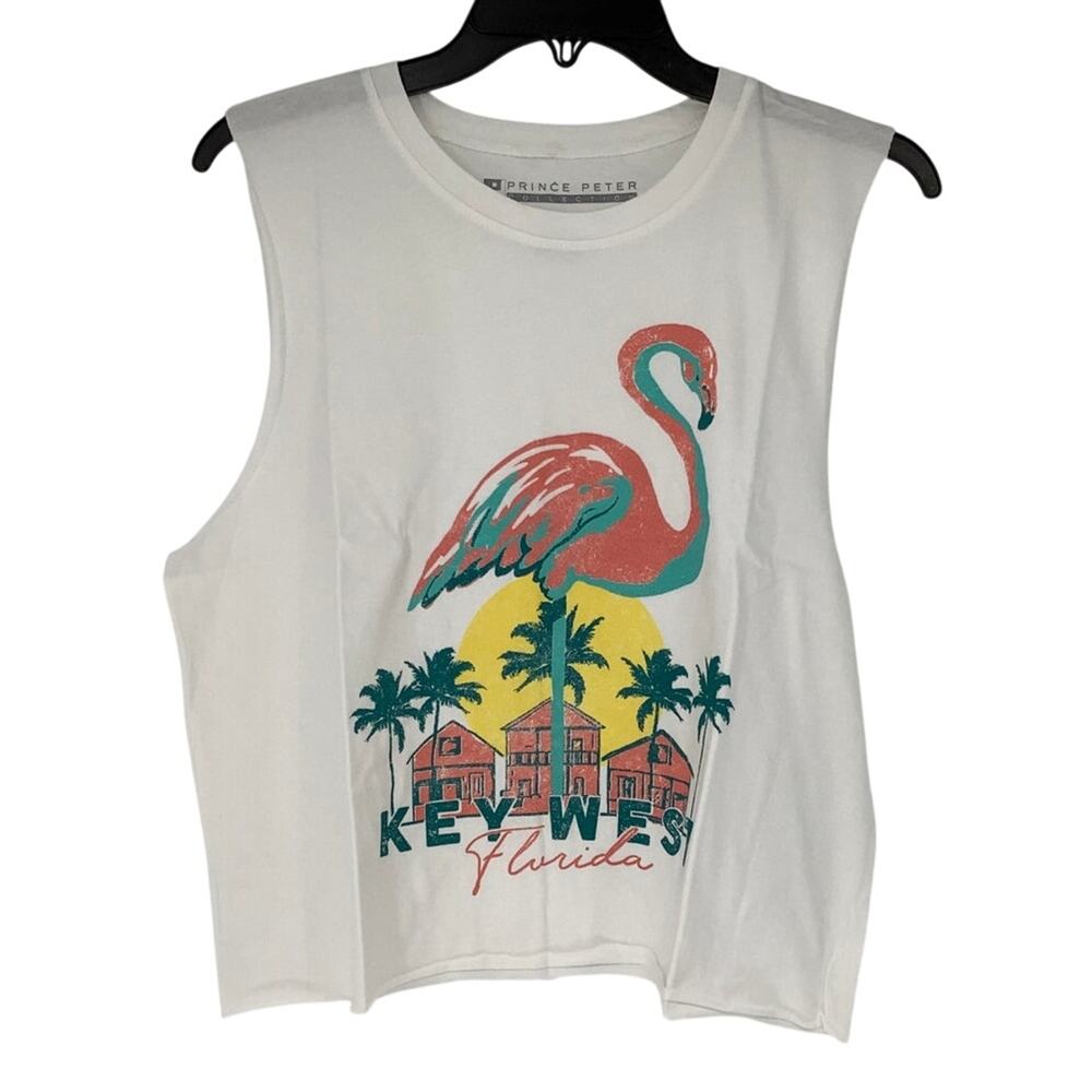 Prince Peter Women's Medium Flamingo Key West Florida White Tank Top USA Q4-19